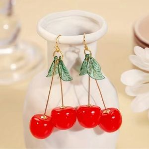 Cherry fruit drop earrings with exquisite green leaves.